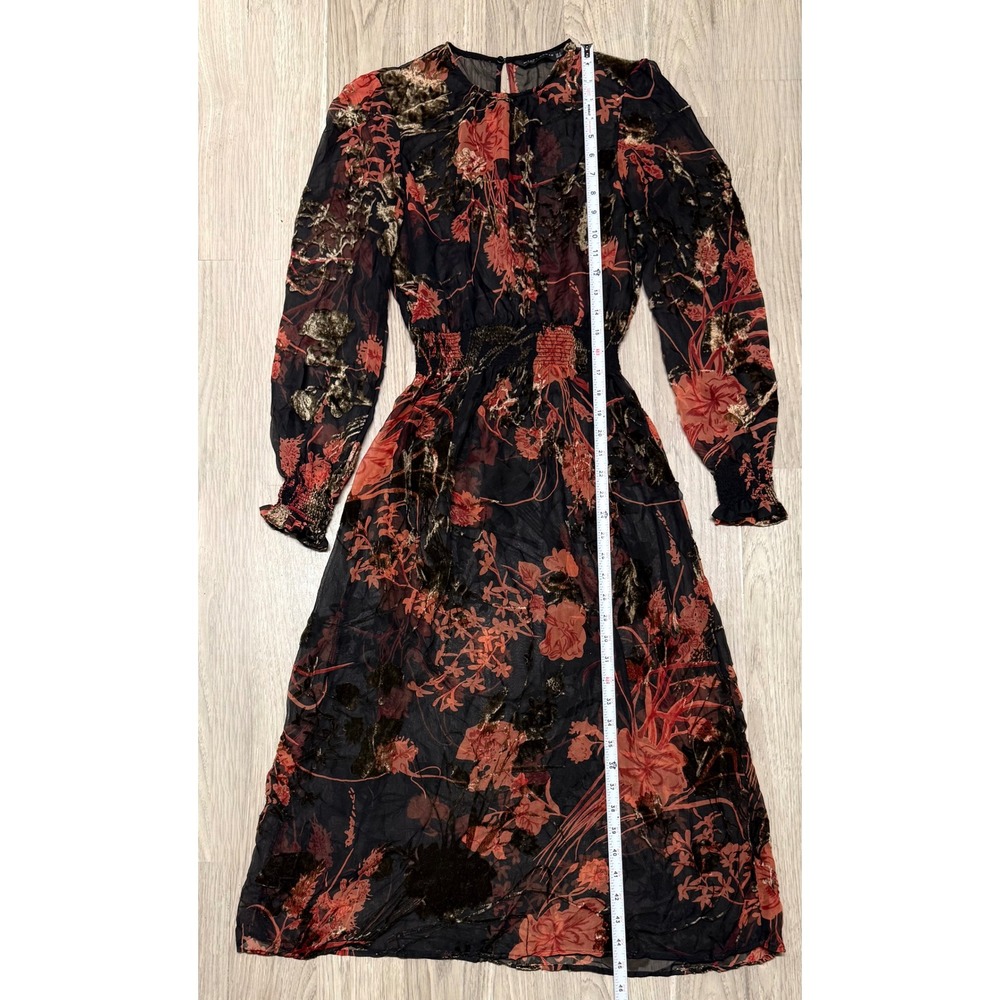 Zara Woman Floral Devore Burnout Velvet Midi Dress Black Coral Smocked Waist S